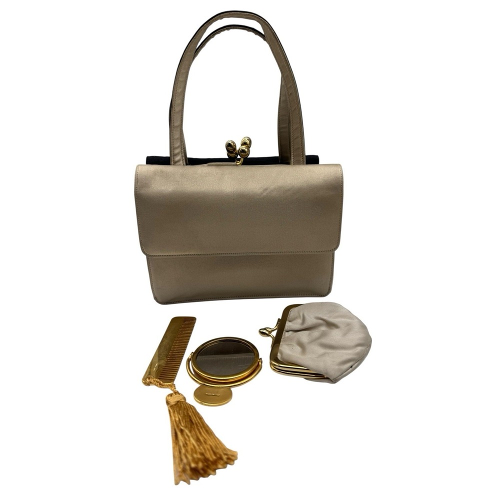 Judith Leiber NY Gold Satin Evening Bag W/ Mirror Comb Coin Purse VTG‎